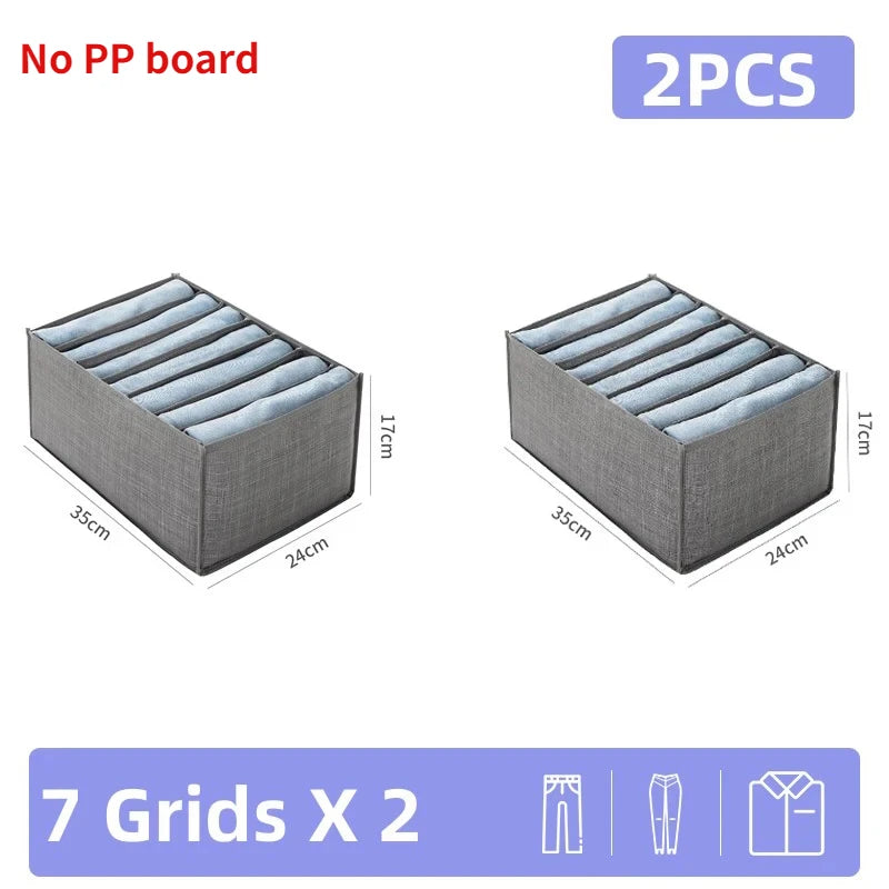 Two gray foldable closet organizer boxes with grids for storing underwear, socks, and accessories.