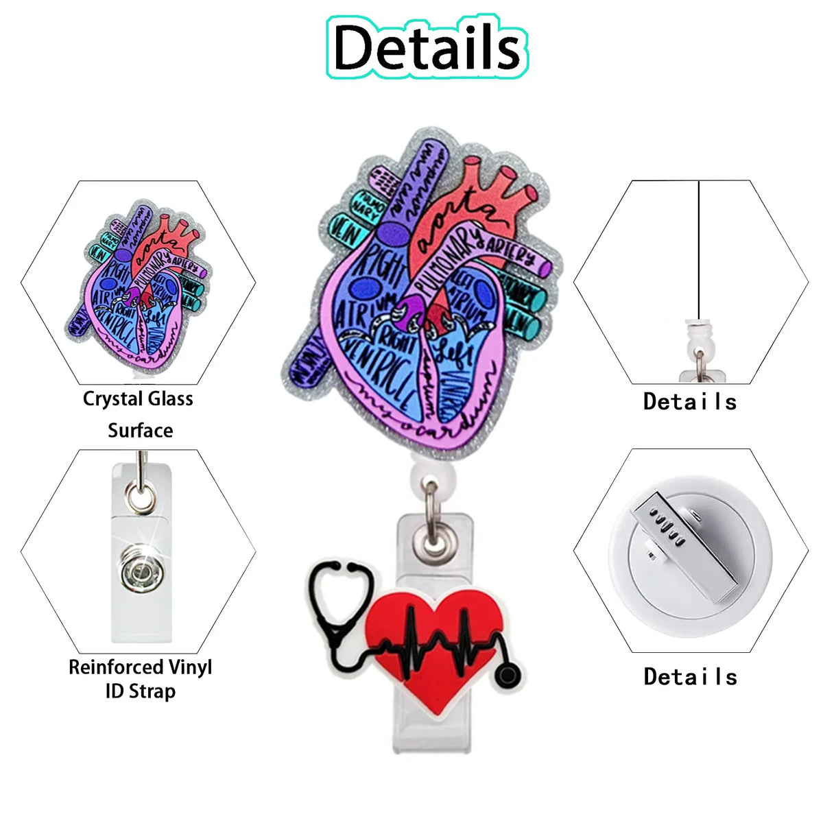 Heart Shape Glitter Acrylic Retractable Badge Reel with Crocodile Clip