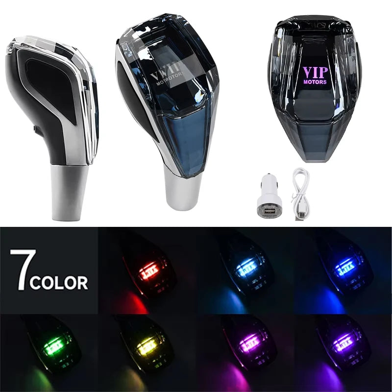 A set of universal LED illuminated crystal gear shift knobs in various colors and angles.