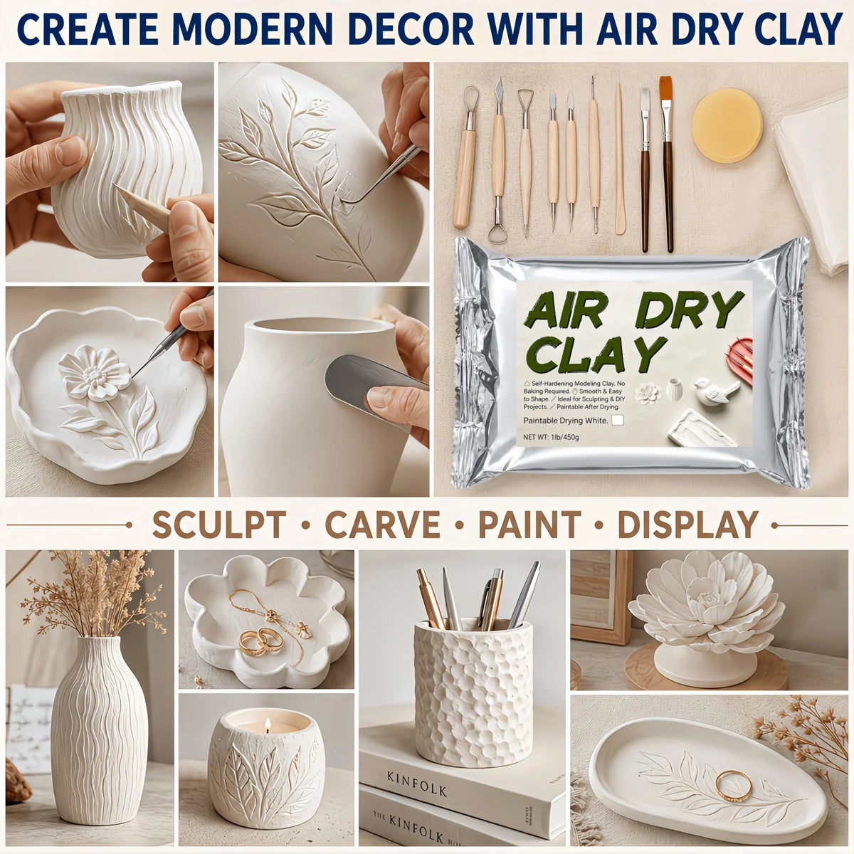 A collection of white air dry clay products including decorative vessels, tools, and finished sculptures.