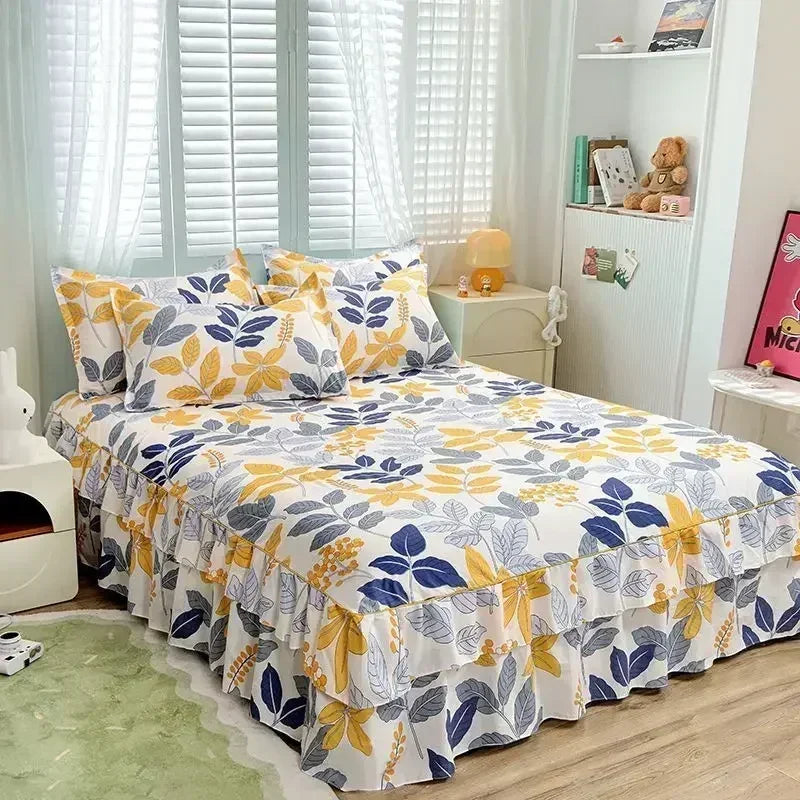 Floral Bed Skirt Set with Anti-Slip Mattress Cover
