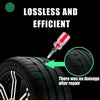 A close-up of a tire with a puncture repair kit applicator, demonstrating damage-free repair.
