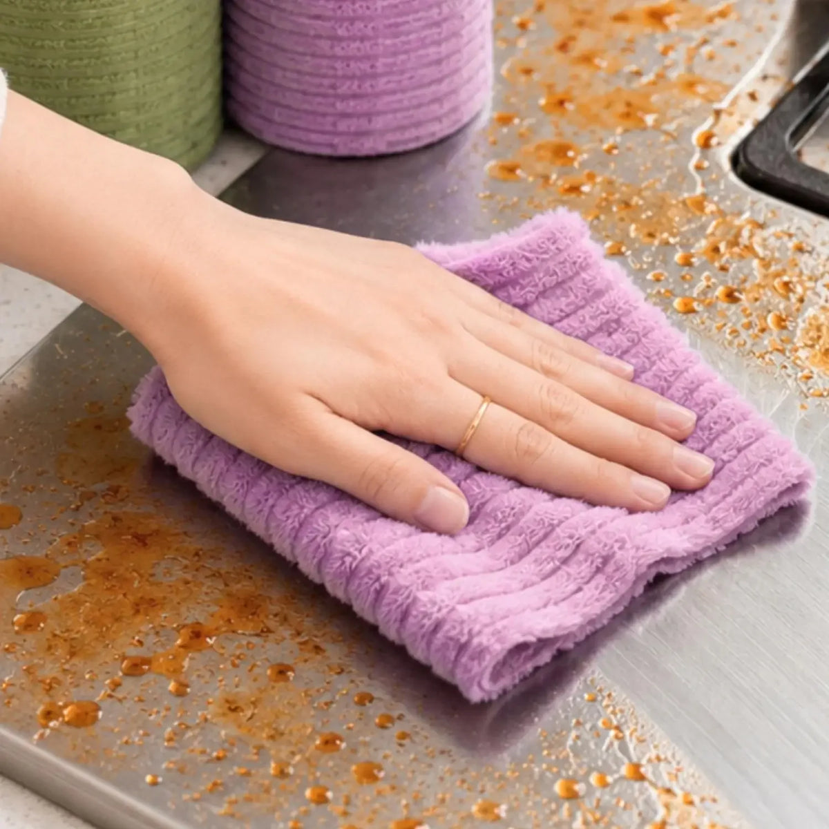 A hand is wiping a stainless steel surface with a purple reusable tear-away cleaning cloth.