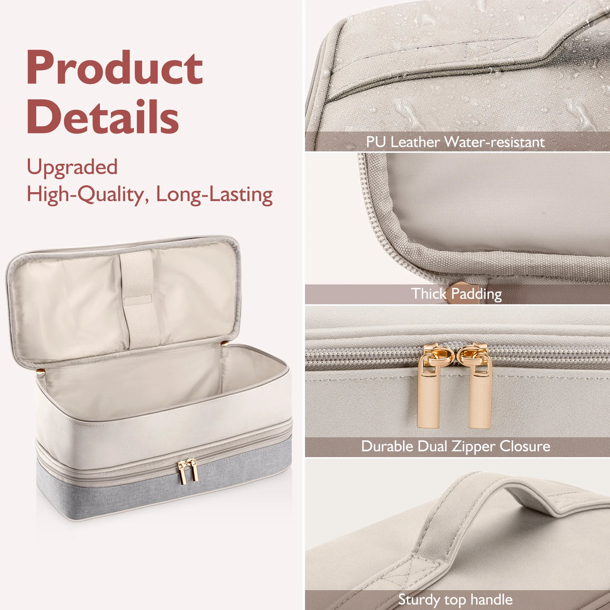 A beige double-layer travel storage bag with a zipper closure and sturdy top handle.