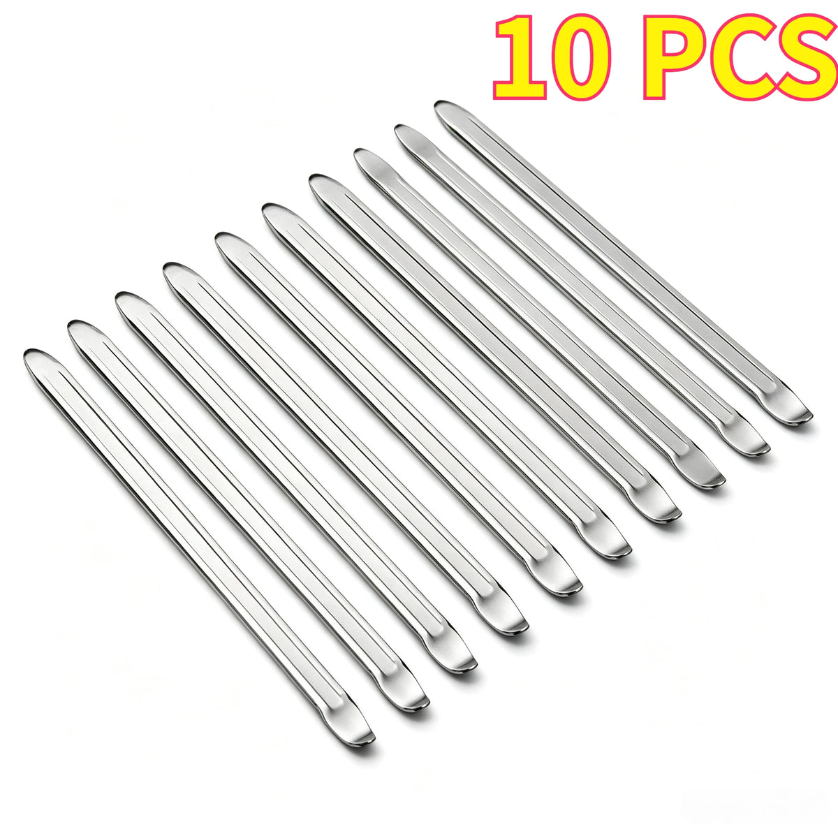 Ten silver heavy-duty tire irons with a dual-end design laid out on a white background.