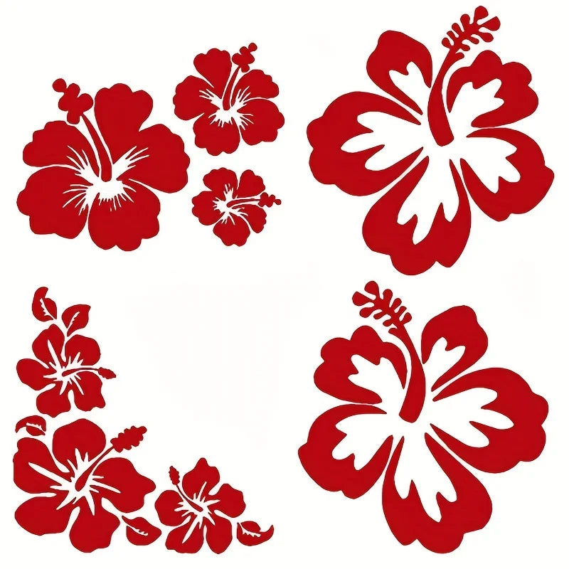Red hibiscus flower decals and stickers in various bloom shapes