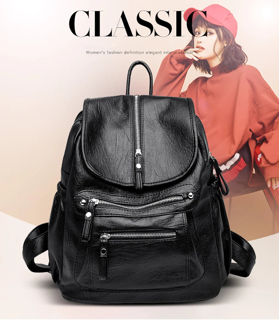 A black vintage faux leather women's backpack with multiple zippered compartments shown against a light background.