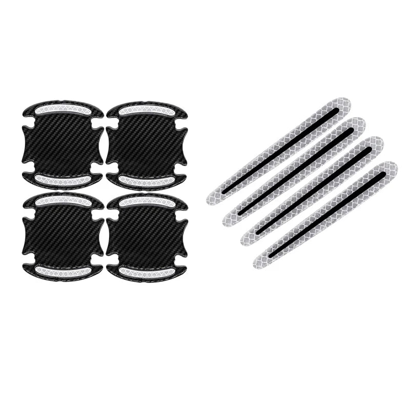 Eight carbon fiber reflective stickers designed to protect car door handles.