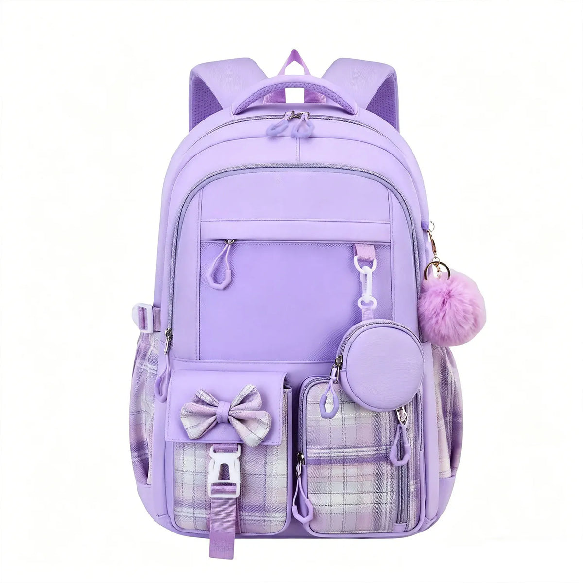 A purple Kawaii Girls' School backpack set featuring a laptop compartment and various pockets.