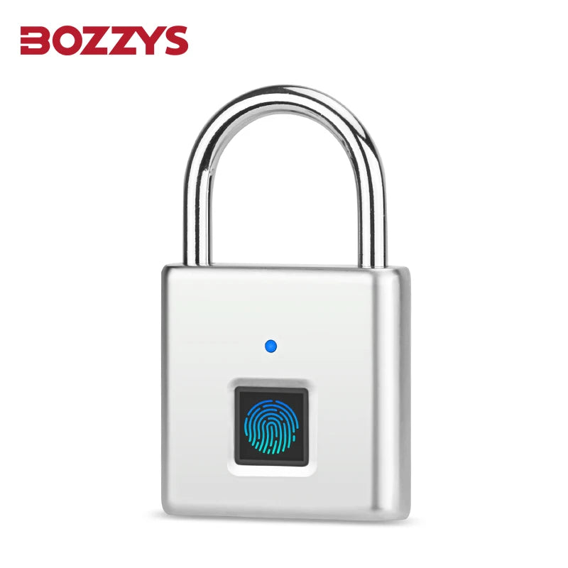 A silver fingerprint padlock with a square keypad is shown against a white background.