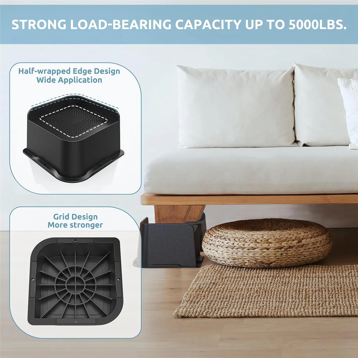 Heavy Duty 3-Inch Bed Risers (Set of 4) for Furniture with Wide 4.8x4.8 Inch Base