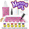 A set of water marbling painting supplies including paint, stirring sticks, and a fabric bag.