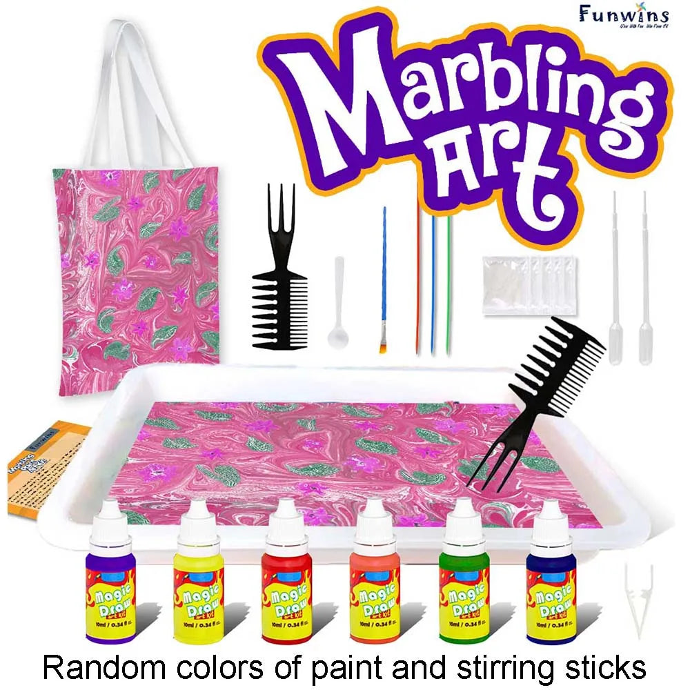 A set of water marbling painting supplies including paint, stirring sticks, and a fabric bag.