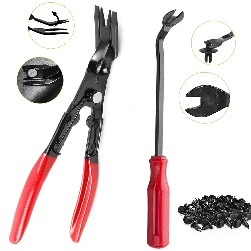 A set of automotive trim removal tools including pliers, a pick, and a clip puller tool.
