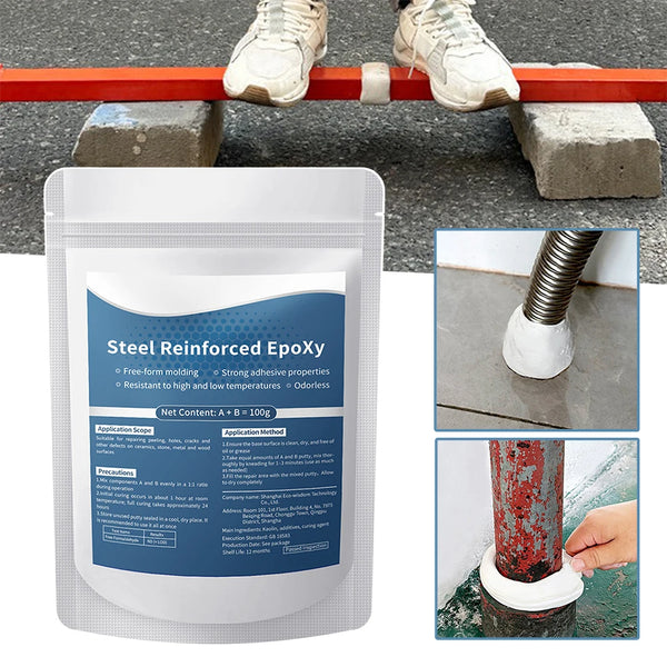 White powder putty for steel reinforced epoxy repair used to fill cracks and leaks