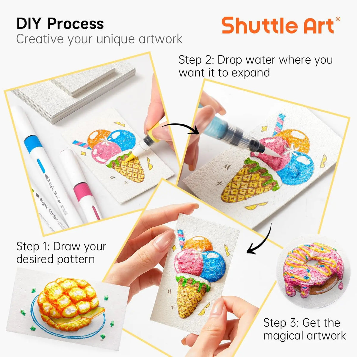 DIY process showing steps to create artwork using 3D puffy texture painting paper