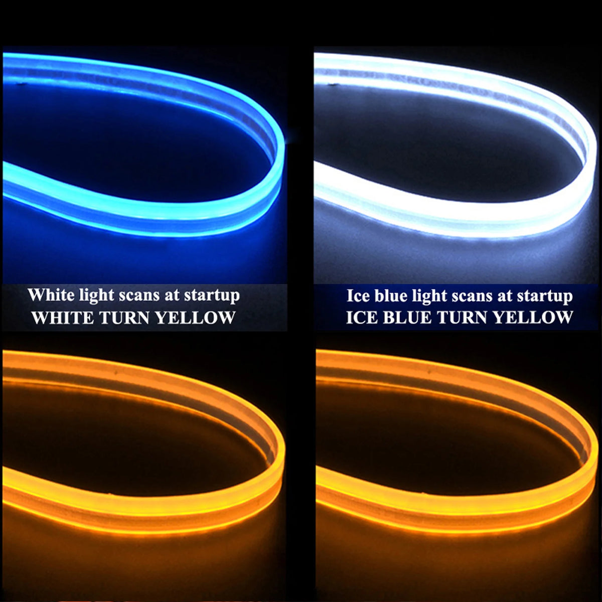 Vier Bilder einer flexiblen LED-Lichtleiste in Weiß, Blau und Gelb beim Start.