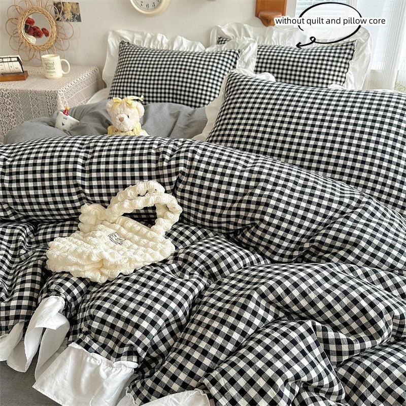 Red and Black Plaid Duvet Cover Set with Lace Embroidery
