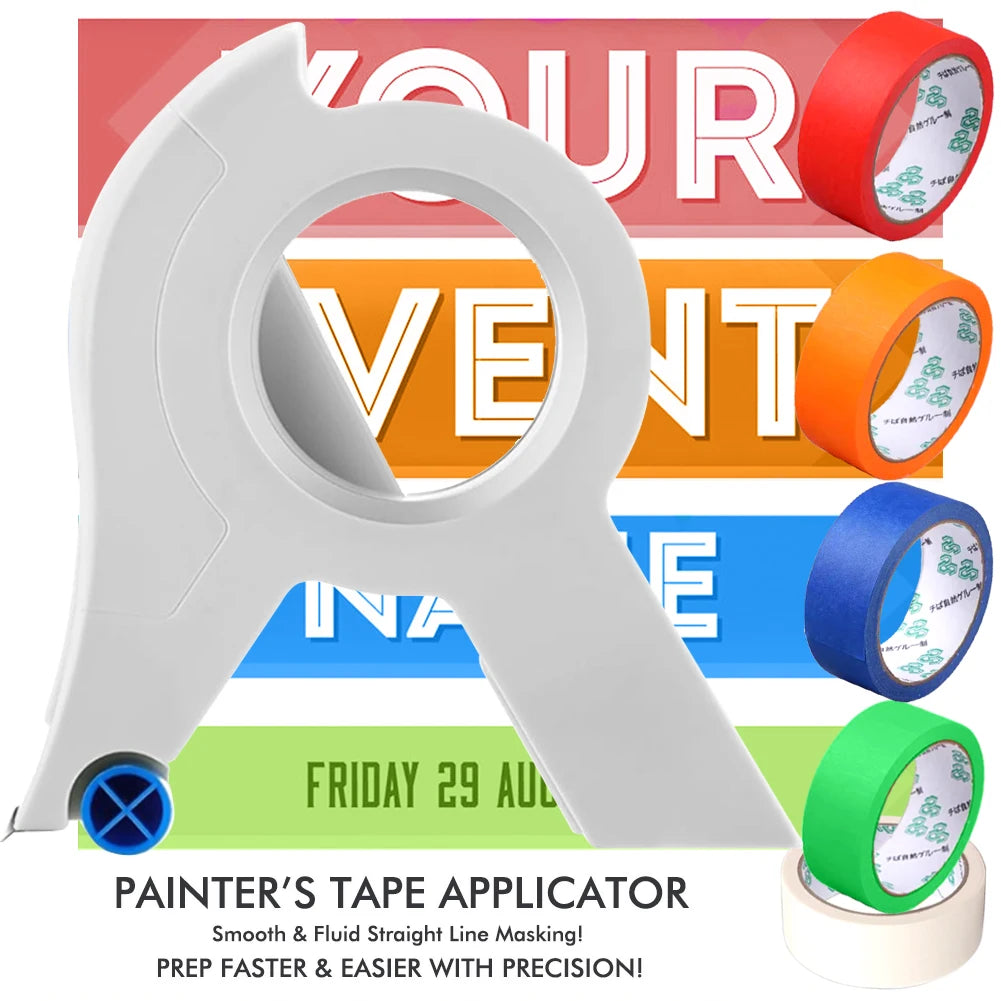 Herramienta aplicadora de cinta de enmascarar blanca profesional con cintas de varios colores en un banner promocional.