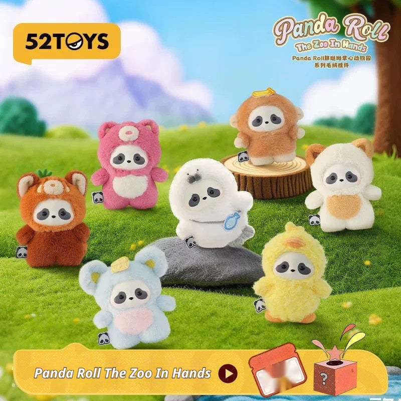 A collection of adorable panda plush toys and accessories displayed on green grass.