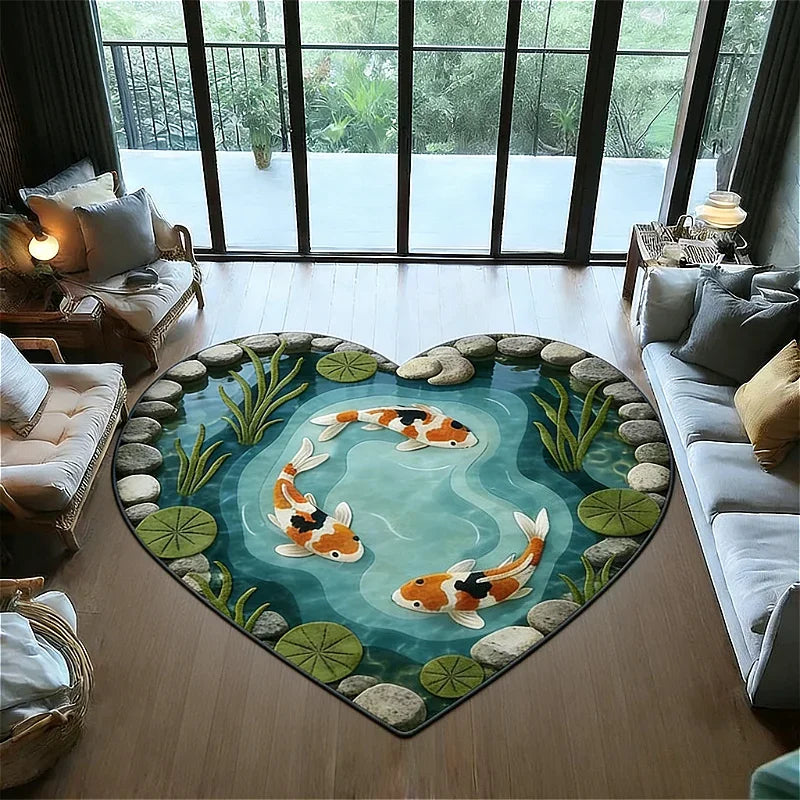 A round non-slip plush rug featuring an orange and white koi fish pattern on a teal background.