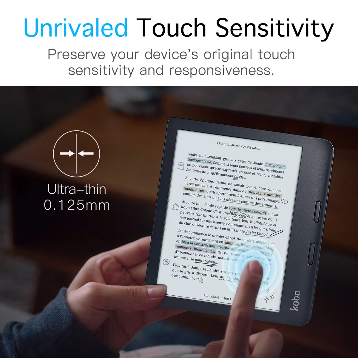 A hand is applying an anti-glare matte screen protector to a Kobo e-reader device.