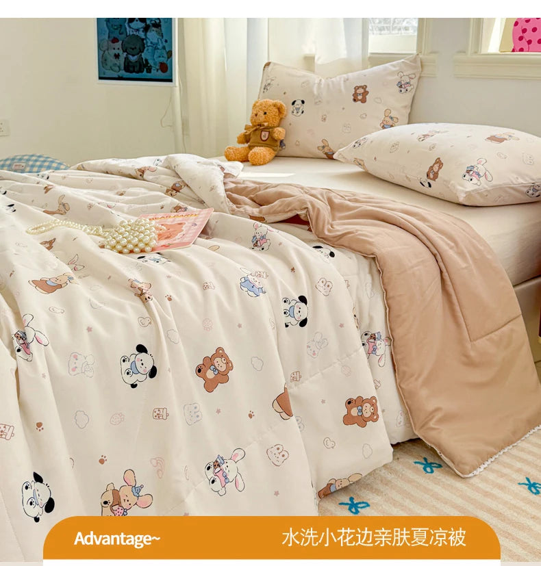A light pink duvet cover with a floral pattern and lace trim is displayed on a bed.