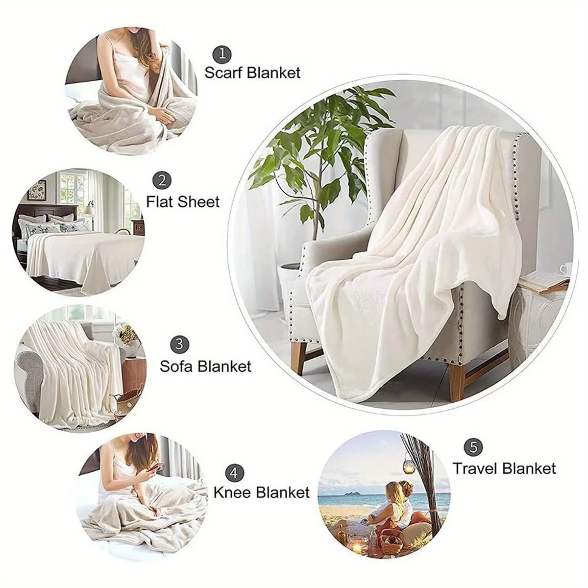 Cinq types de couvertures jetables : écharpe, drap plat, couverture de canapé, couverture de genou et voyage.