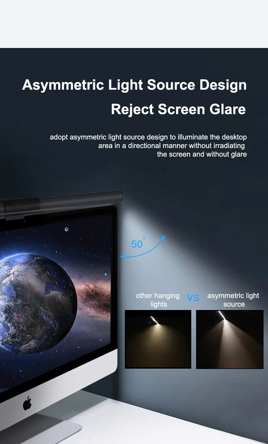 A laptop screen is illuminated by an asymmetric light source design to reject glare.