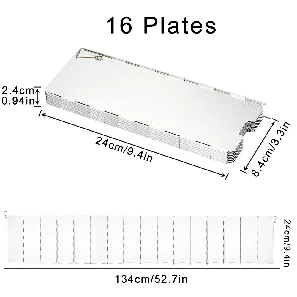 A rectangular aluminum camping stove windscreen with 16 plates, measuring 24cm by 8.4cm.