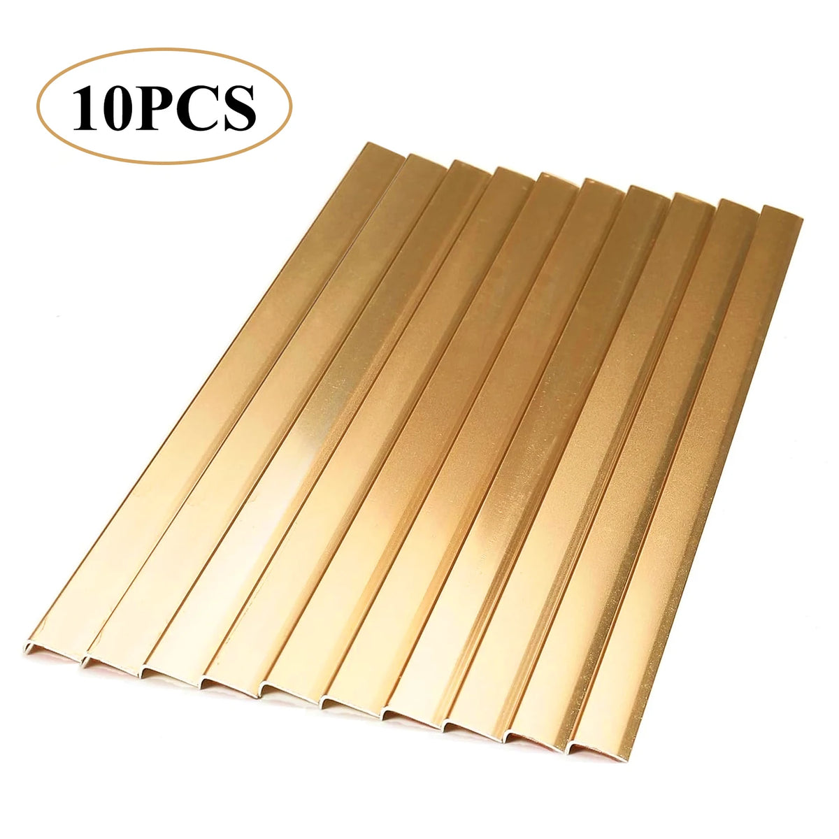 Ten pieces of gold-colored self-adhesive metal L-shaped corner protector strips arranged in a rectangular pattern.
