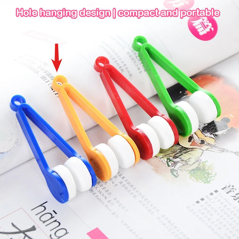 A set of colorful hole hanging cleaning tools for glasses, including blue, orange, red, and green handles with white cleaning