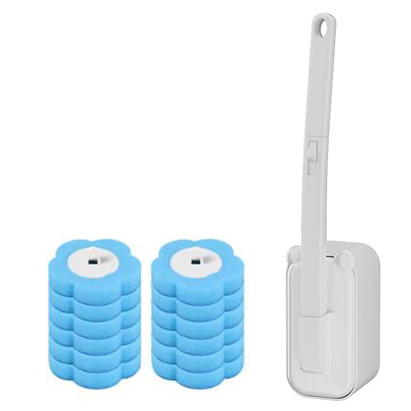 A white wall-mounted disposable toilet brush set with replaceable heads shown in a close-up view.