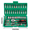 A green case containing a 46-piece auto repair tool set with various sockets and a ratchet wrench.