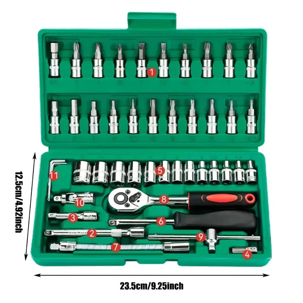 A green case containing a 46-piece auto repair tool set with various sockets and a ratchet wrench.
