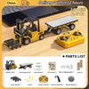 A yellow 1:64 scale remote control construction vehicle is shown with its accessories and parts list.