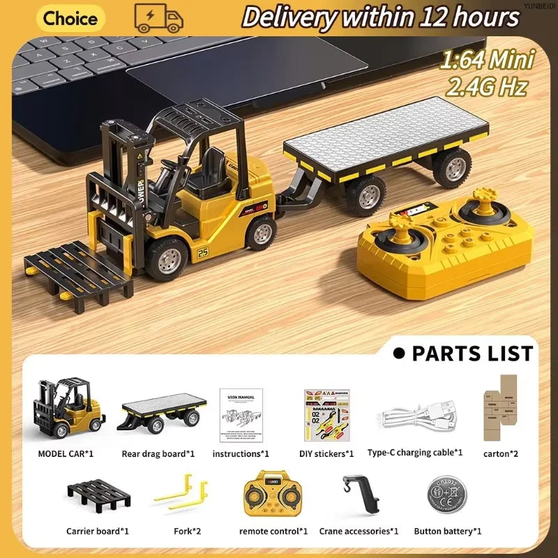 A yellow 1:64 scale remote control construction vehicle is shown with its accessories and parts list.