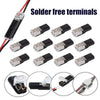 A set of solder free terminals and a 2-pin locking wire connector for LED and low-voltage applications
