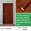 A vertical wooden door in a reddish-brown grain texture with a silver handle, shown next to a close-up of the door sticker.