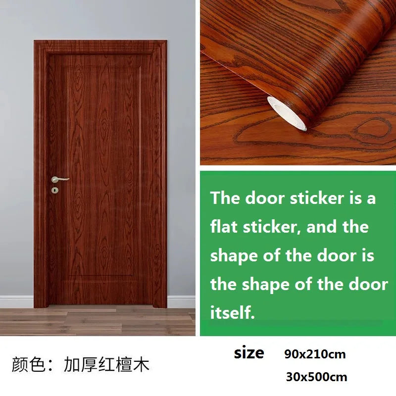 A vertical wooden door in a reddish-brown grain texture with a silver handle, shown next to a close-up of the door sticker.
