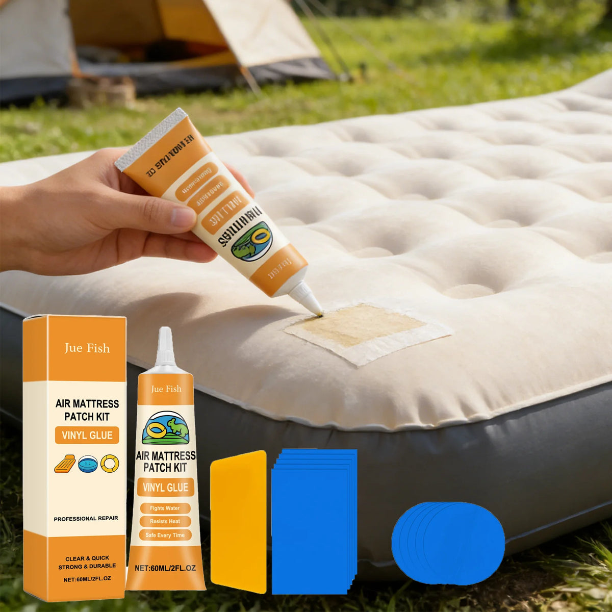 A hand applies a patch kit to an inflatable mattress, showing various tools and vinyl glue.