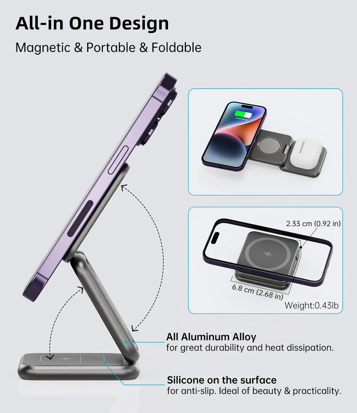 A purple magnetic and foldable all-in-one charging stand for Apple devices.