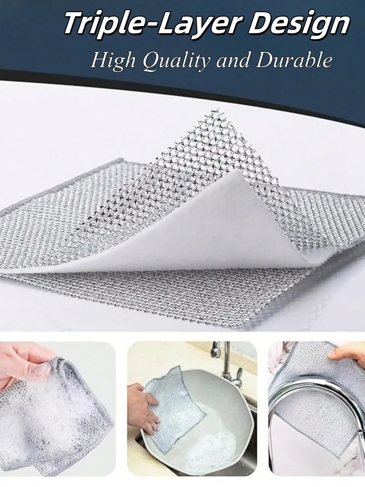 Close-up of a triple-layer mesh scouring cloth demonstrating high quality and durability for dishwashing.