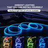 Blue ambient lighting LED strips installed in a car interior dashboard and door panel.