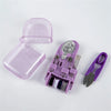 A purple compact portable sewing kit with a storage case and various sewing tools is displayed on a white background.