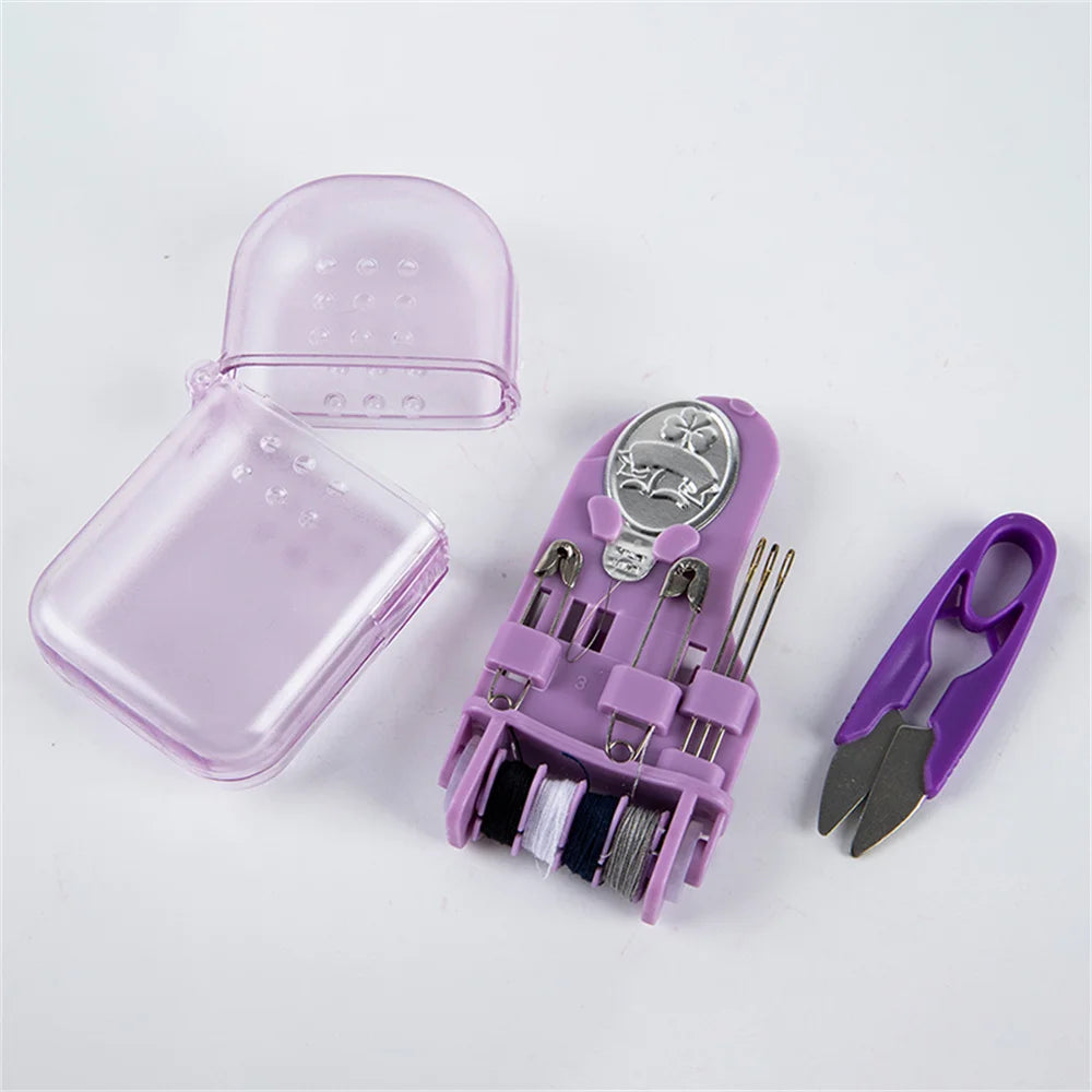 A purple compact portable sewing kit with a storage case and various sewing tools is displayed on a white background.