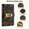 A black wallet organizer with a cartoon bear design featuring anti-splash surface, durable stitching, smooth texture, and a s