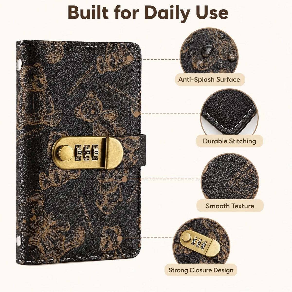 A black wallet organizer with a cartoon bear design featuring anti-splash surface, durable stitching, smooth texture, and a s