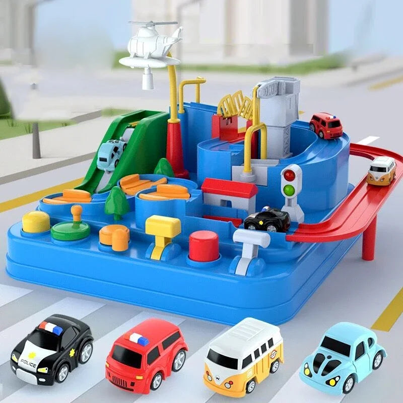A blue plastic interactive racing rail car set featuring train, animal, and space rocket designs.