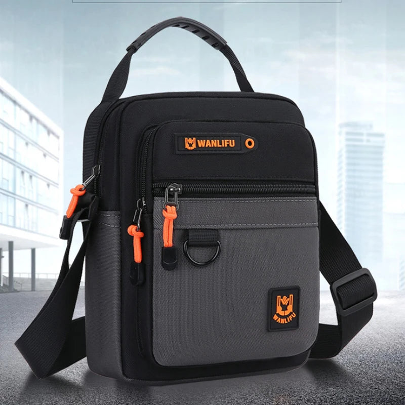 A black and gray versatile casual crossbody bag with an adjustable strap shown against a blurred city background.